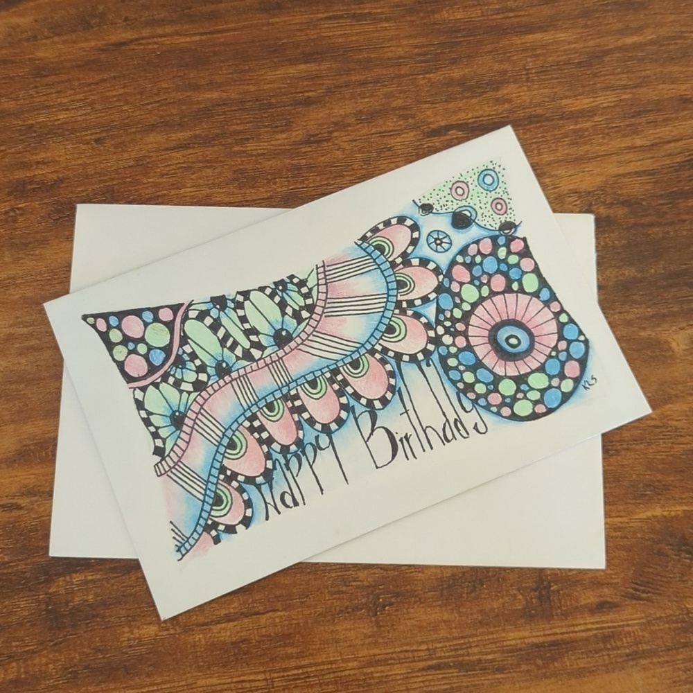 🌻 5/$20 Handmade Zentangle Card- Blue, Pink & Green-Birthday Card